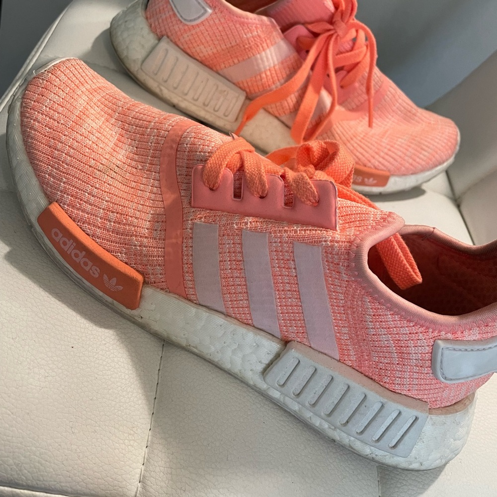 neon coral/salmon color adidas NMDs gently worn